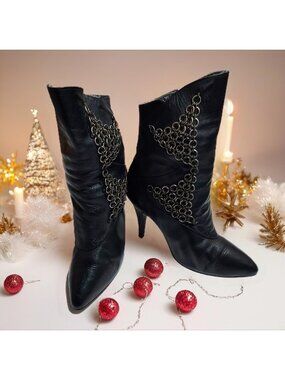 Two Lips Black Leather Boots With Chains Vintage 1980 Size 6 Roughrider